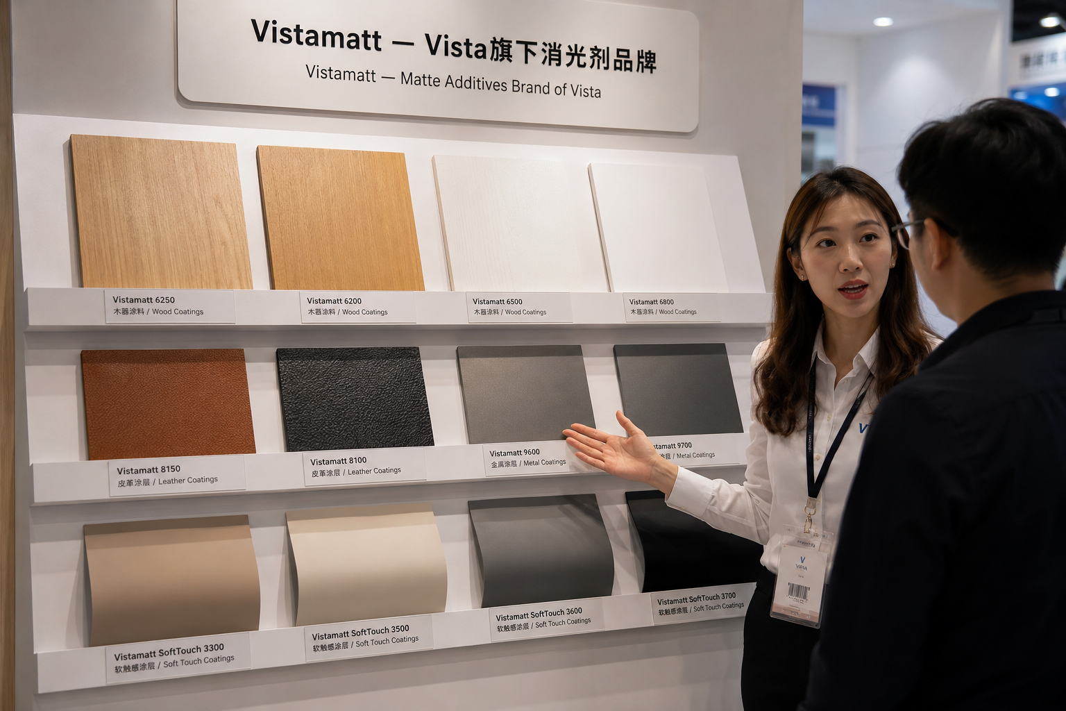 Full coating sample wall showing wood, leather, metal and soft-touch finishes at ChinaCoat