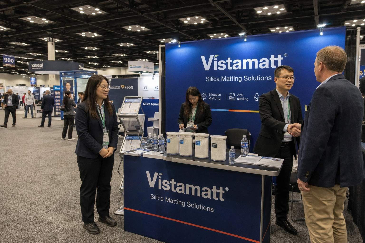 Vistamatt standard booth with team greeting visitors at ECS
