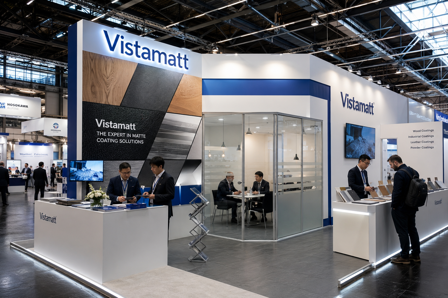 Vistamatt booth at ECS 2025 Nuremberg — modern white and blue design with coating sample wall