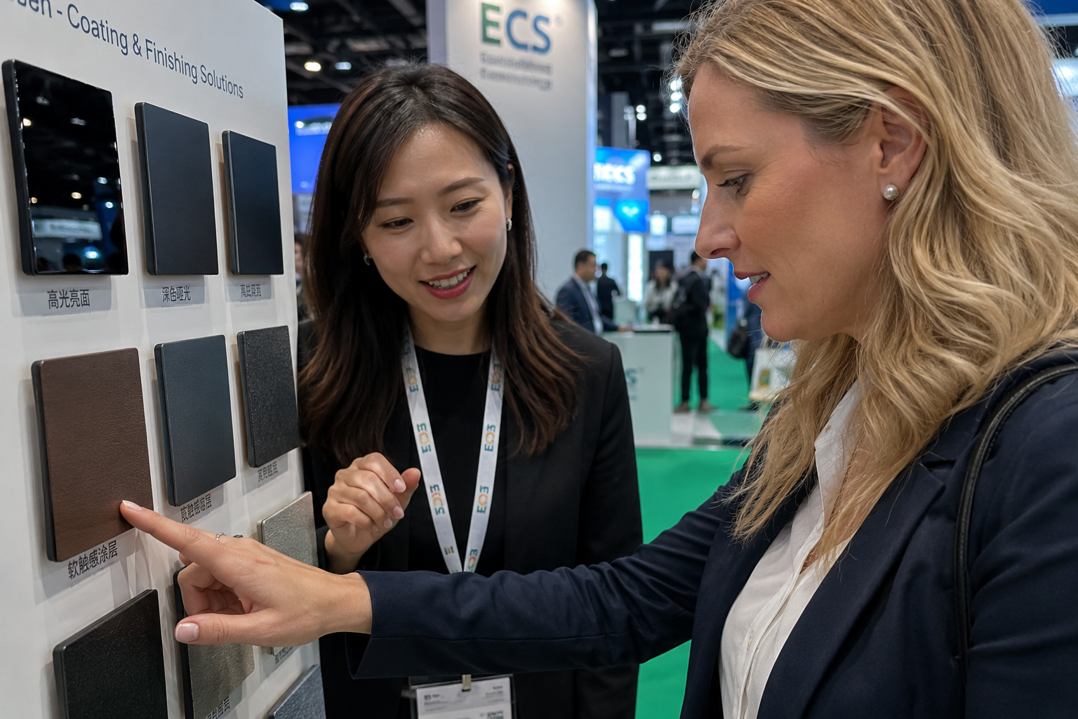 Visitor touching coating sample display board at ECS
