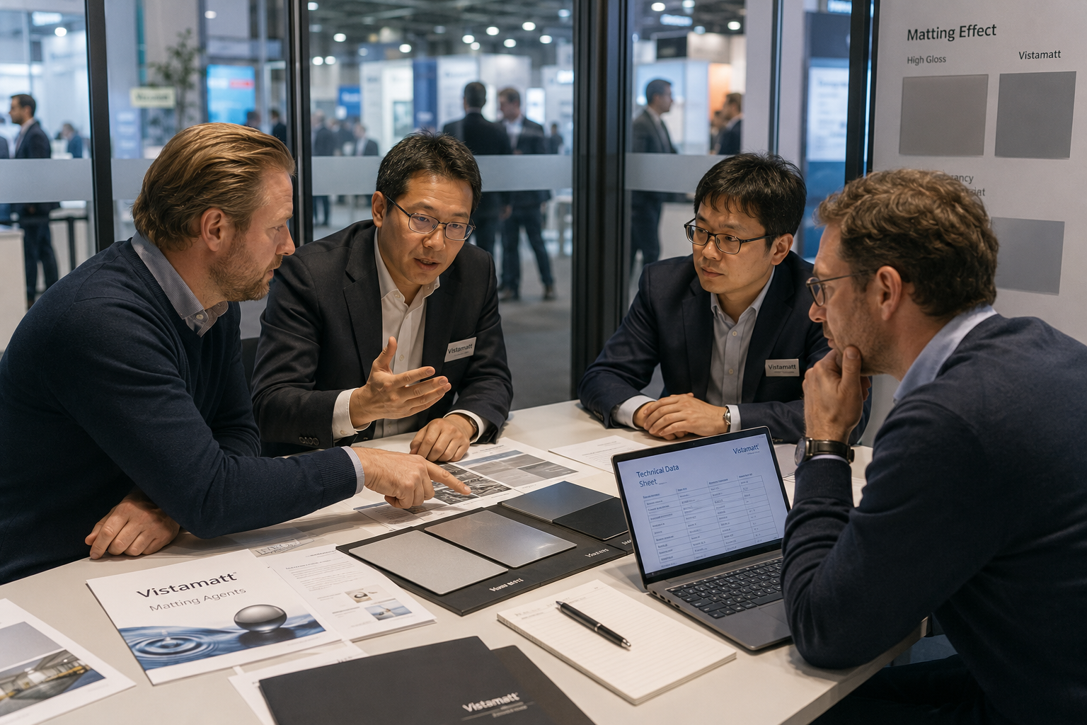 Technical discussion with European formulators in meeting room at ECS