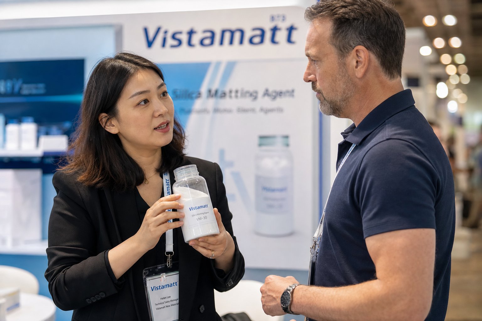Presenting Vistamatt matting agent samples to visitor
