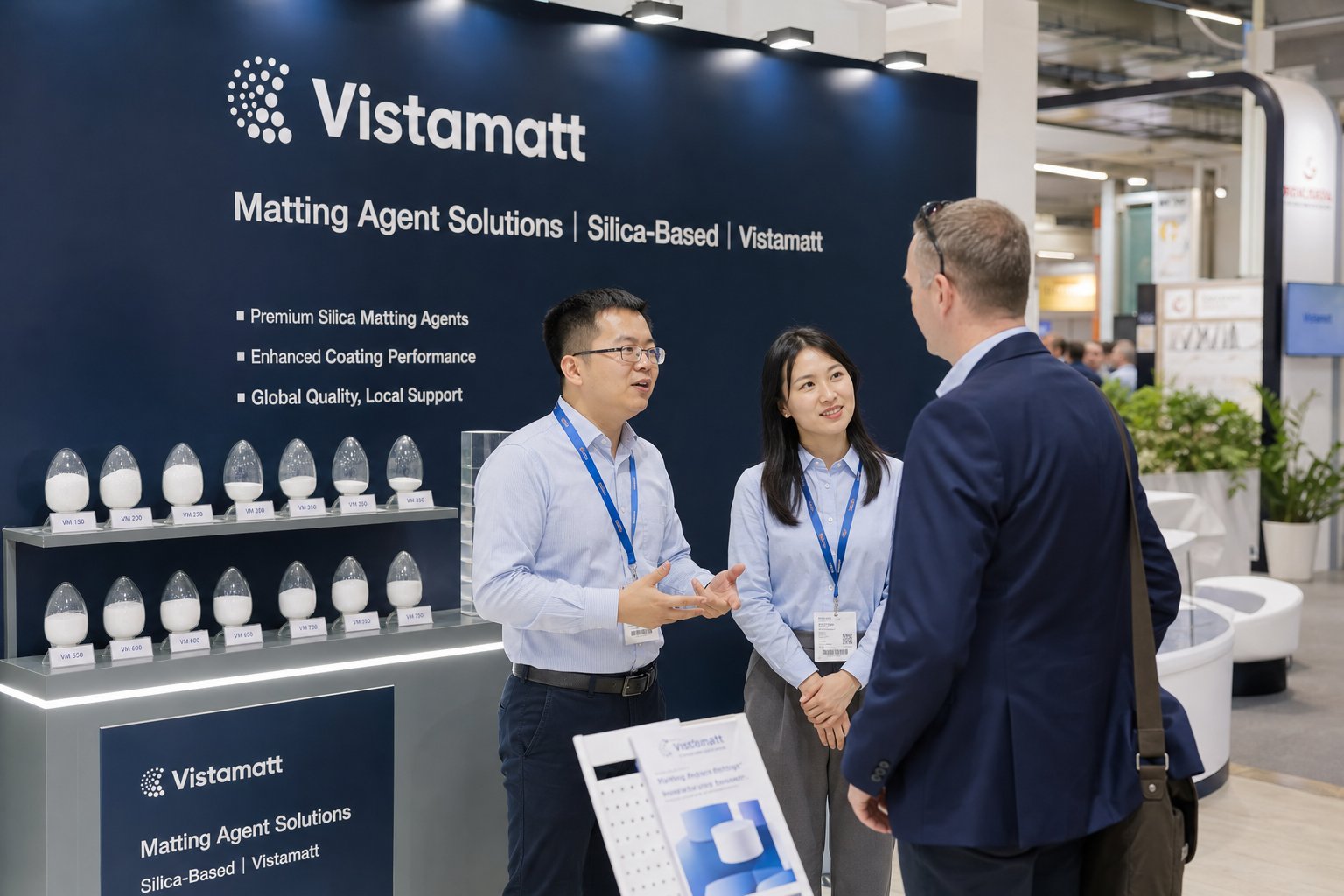 Vistamatt team meeting visitors at exhibition booth