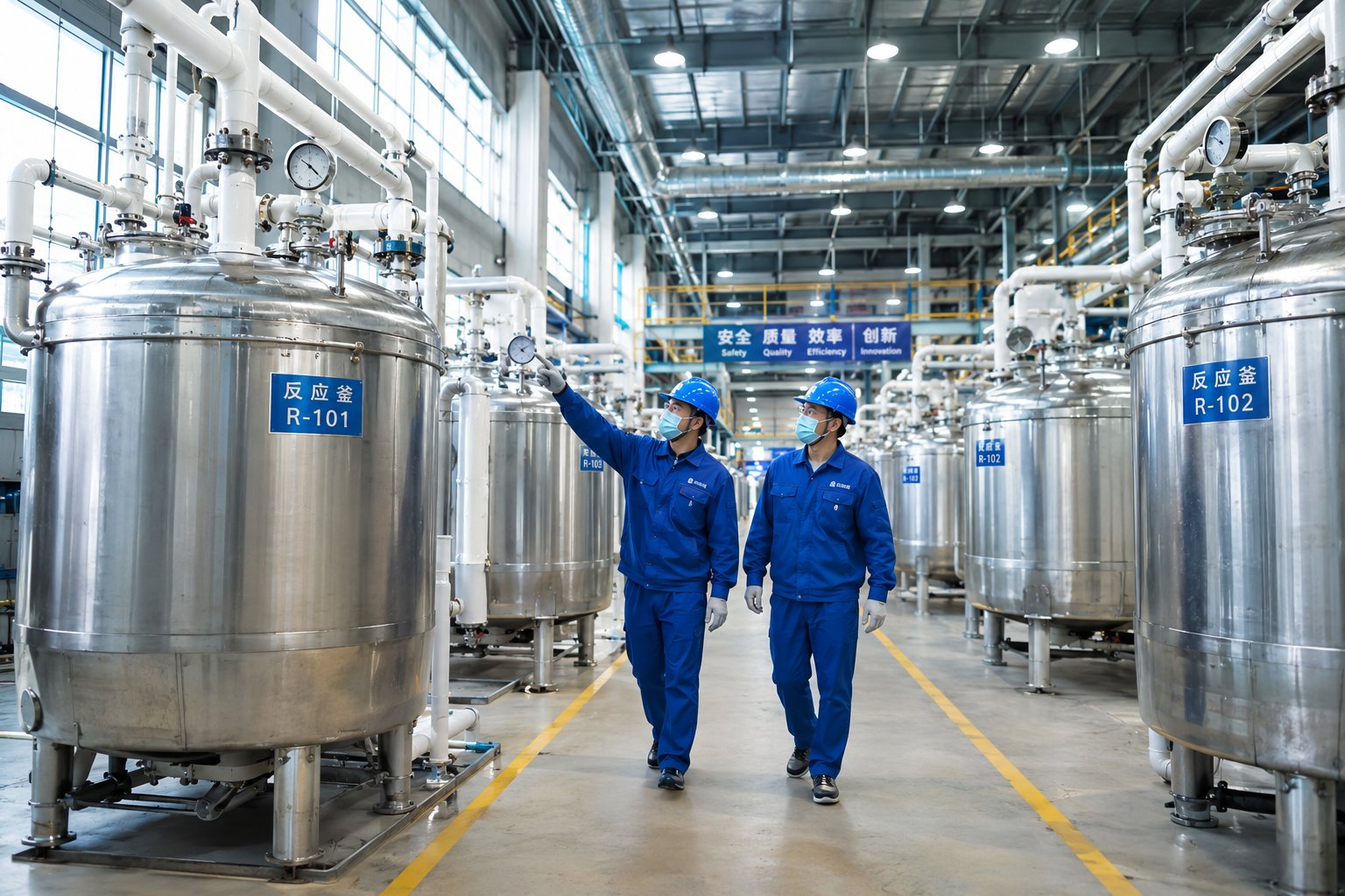 Vistamatt factory production line — in-house silica manufacturing with reaction vessels R-101, R-102