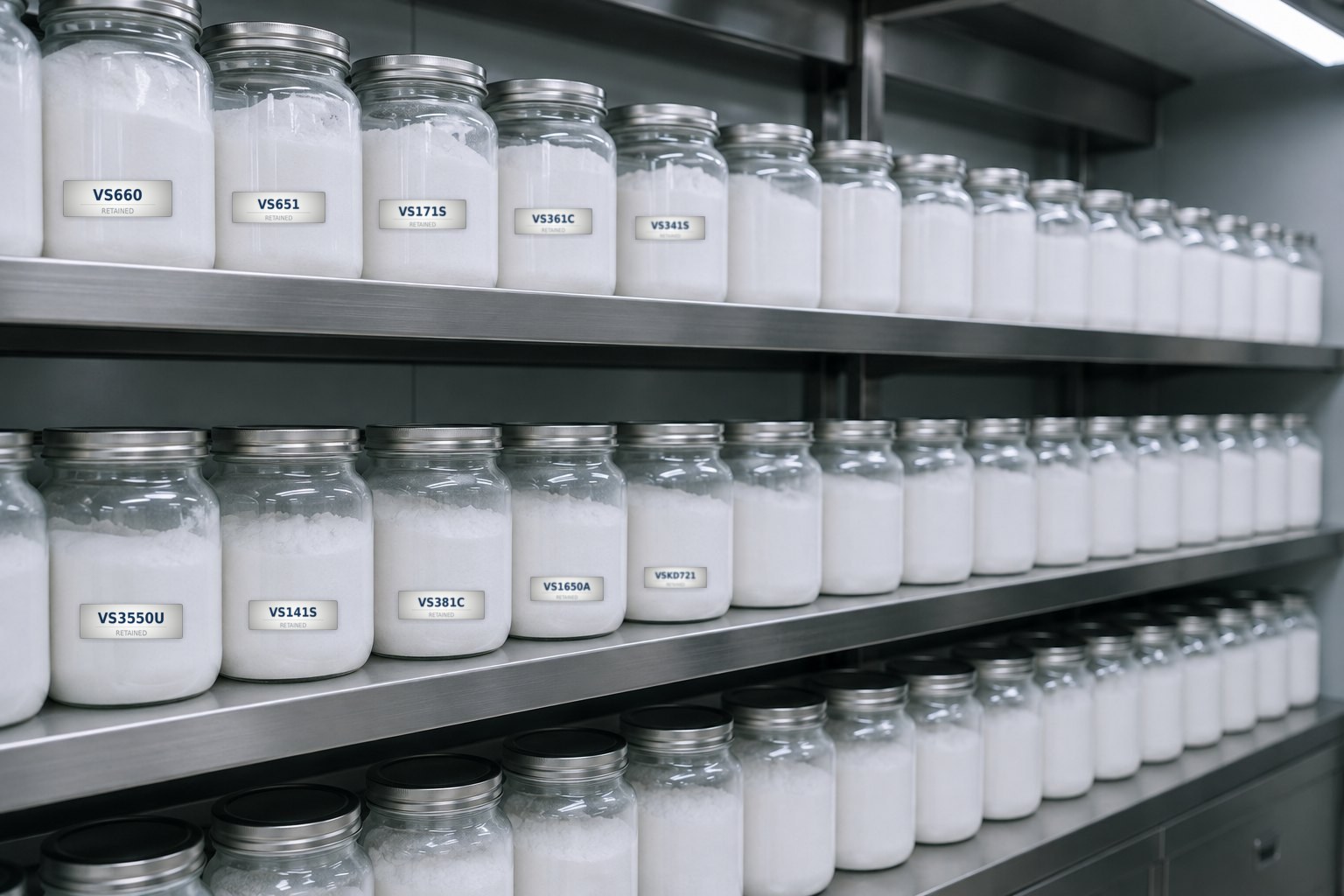 Retained production samples on laboratory shelves - one jar kept from every batch