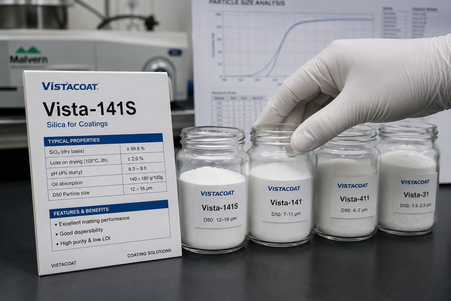 Vistamatt lab — Vista-141S silica samples with technical data sheet and particle size analysis