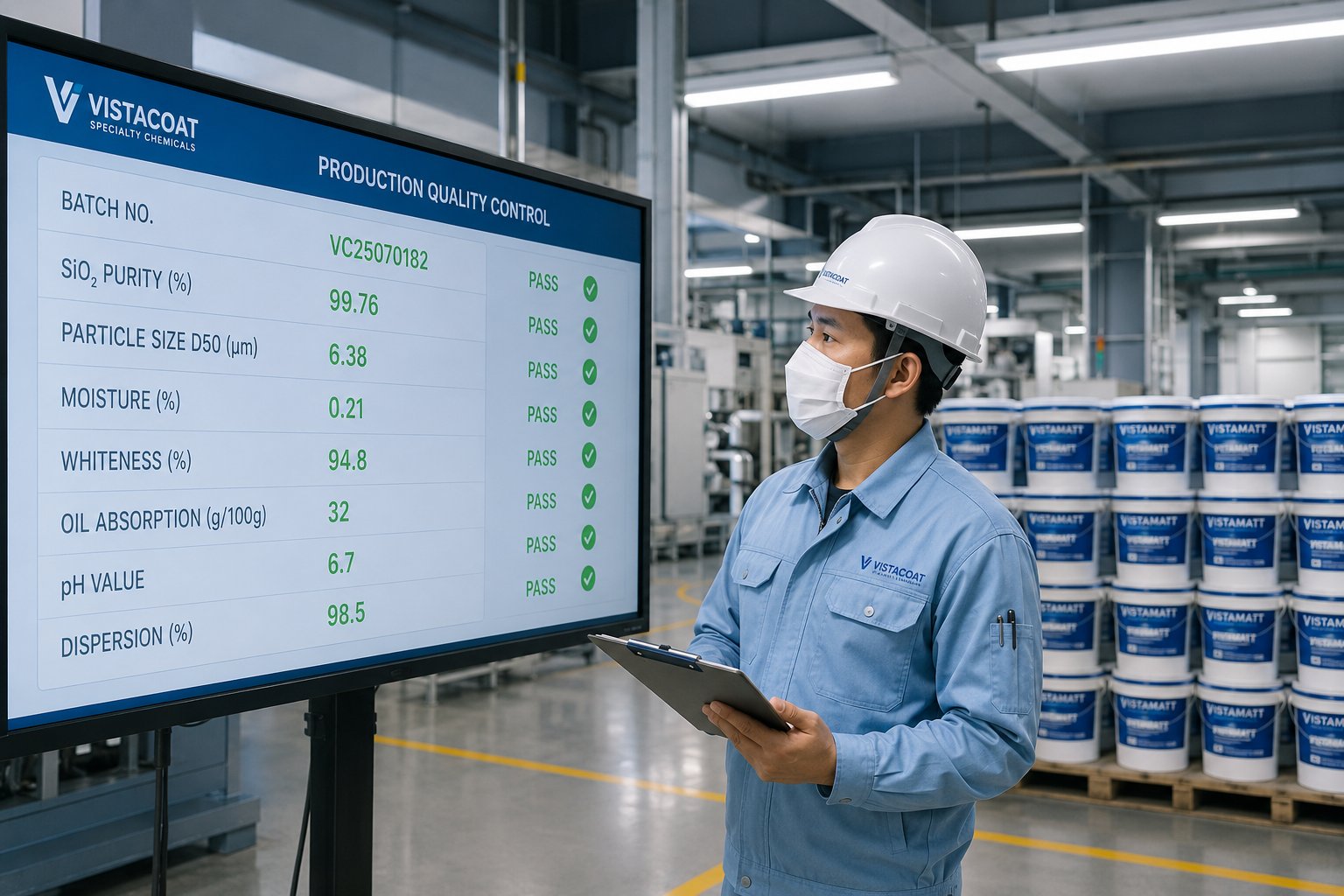 Vistamatt production quality control — batch testing dashboard showing SiO₂ purity, particle size, pH and dispersion metrics