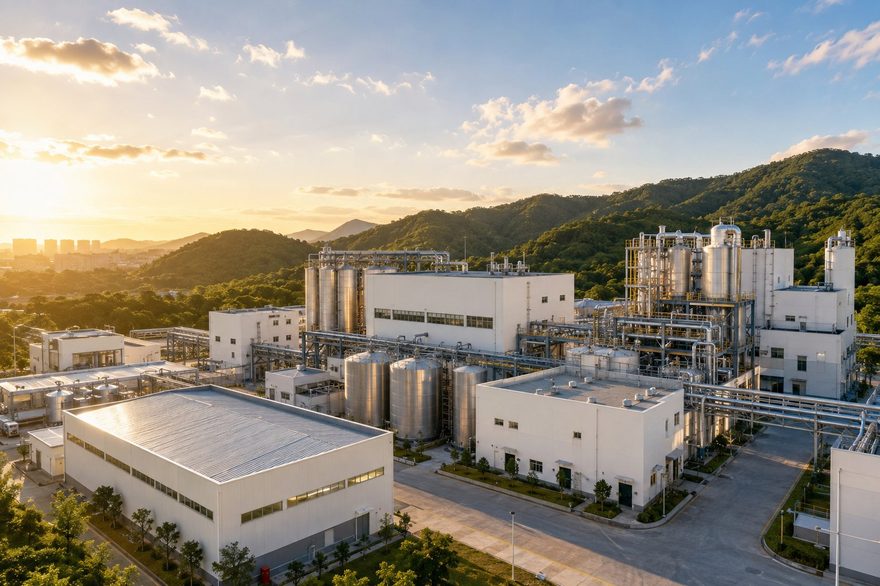 Aerial view of the Vistamatt plant at golden hour