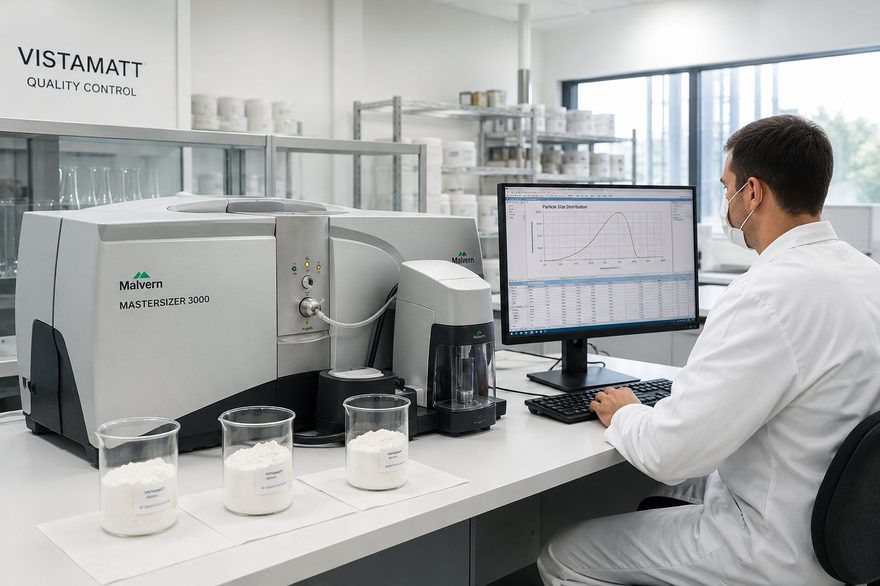 Vistamatt QC lab, technician reviewing particle size data on Malvern Mastersizer 3000