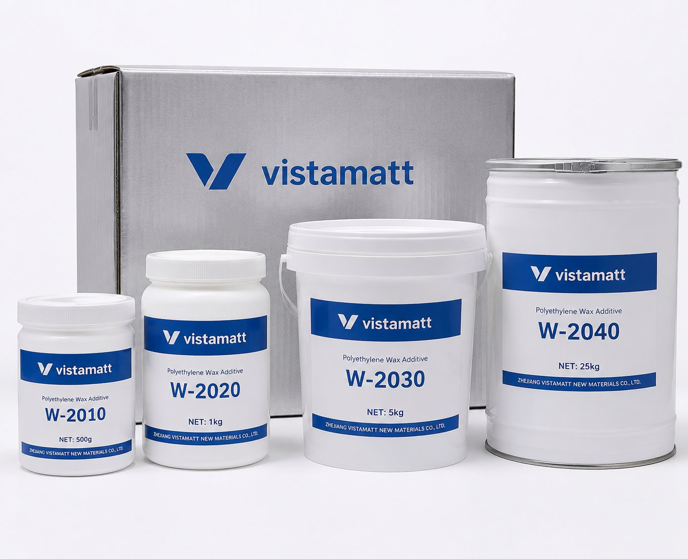 Vistamatt packaging range from 500g sample to 25kg pail