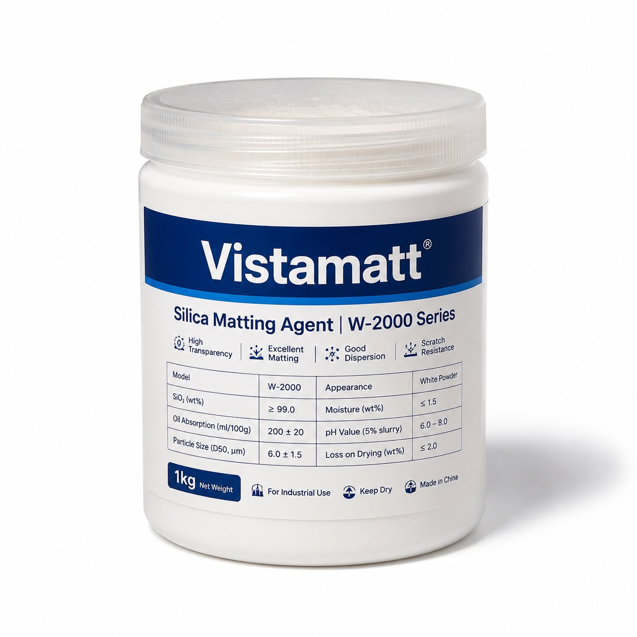 Vistamatt W-2000 series product label with full specifications