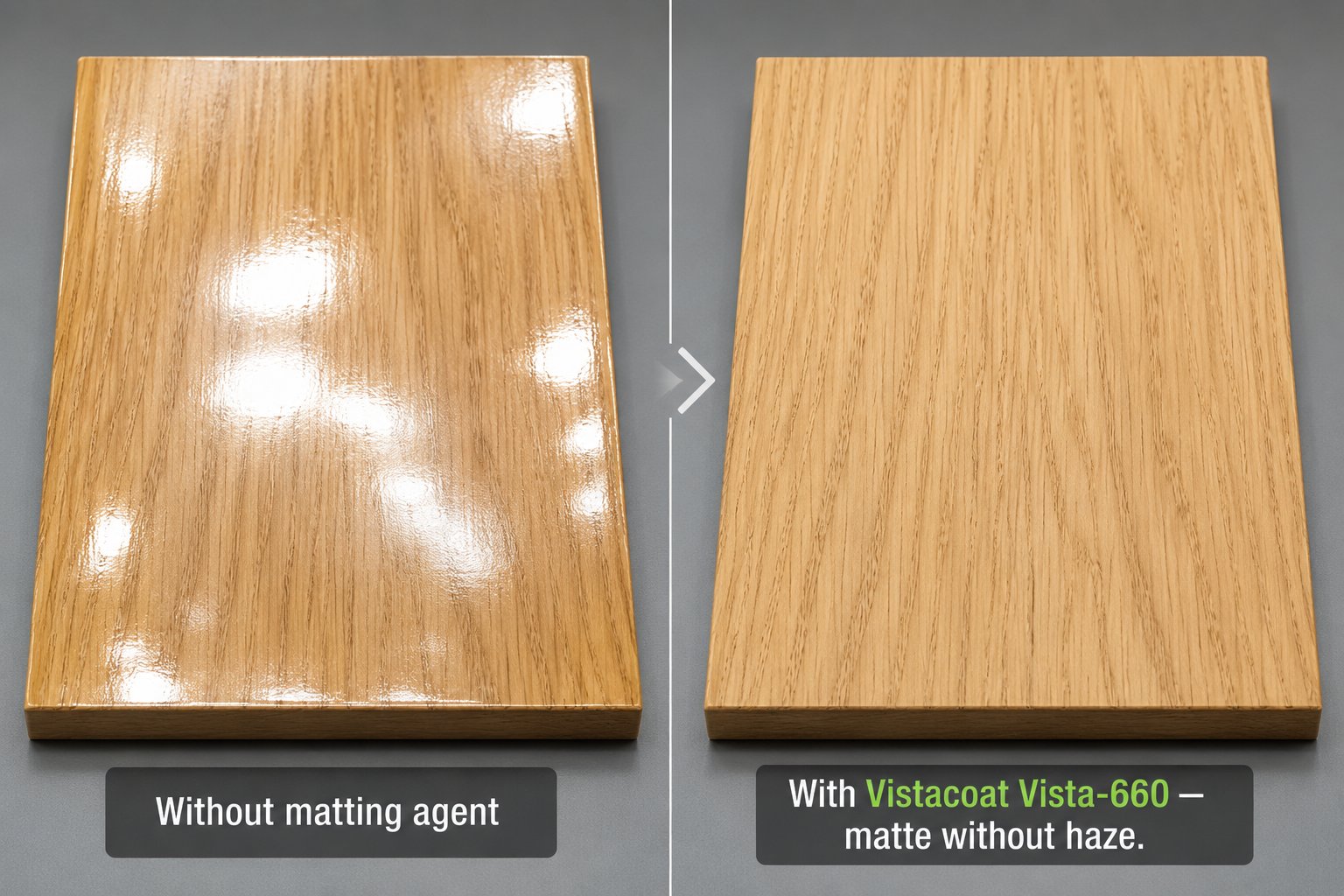 Wood coating comparison — glossy vs Vistacoat Vista-660 matte finish without haze