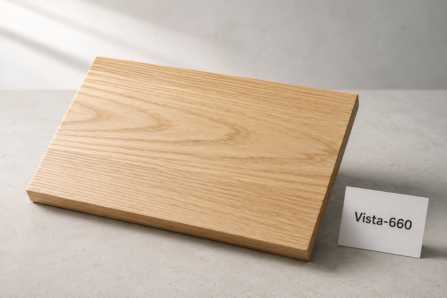 Waterborne clear wood matte finish on oak cabinet door with Vista-660 sample card