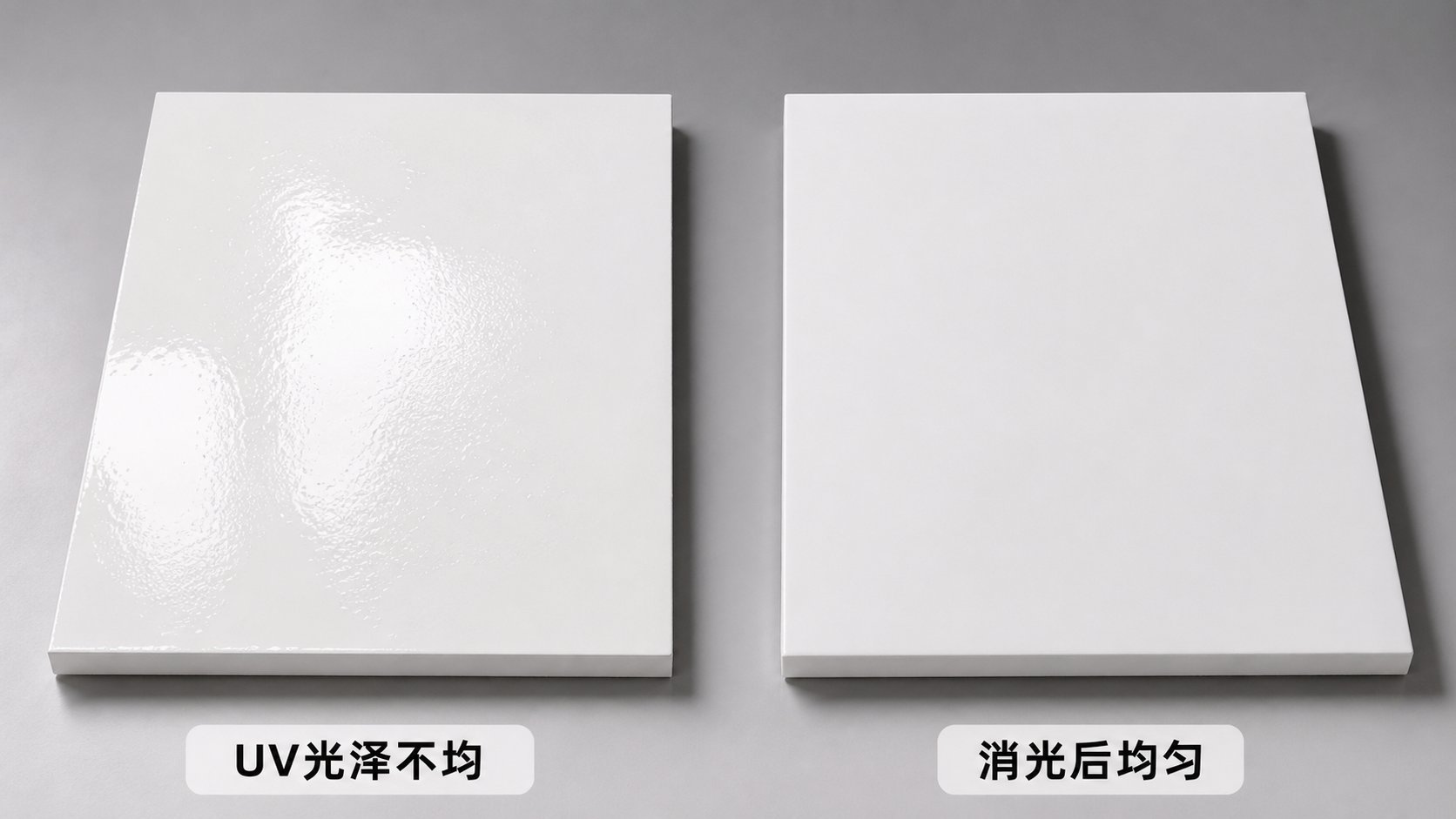 UV coating comparison — uneven gloss vs uniform matte finish