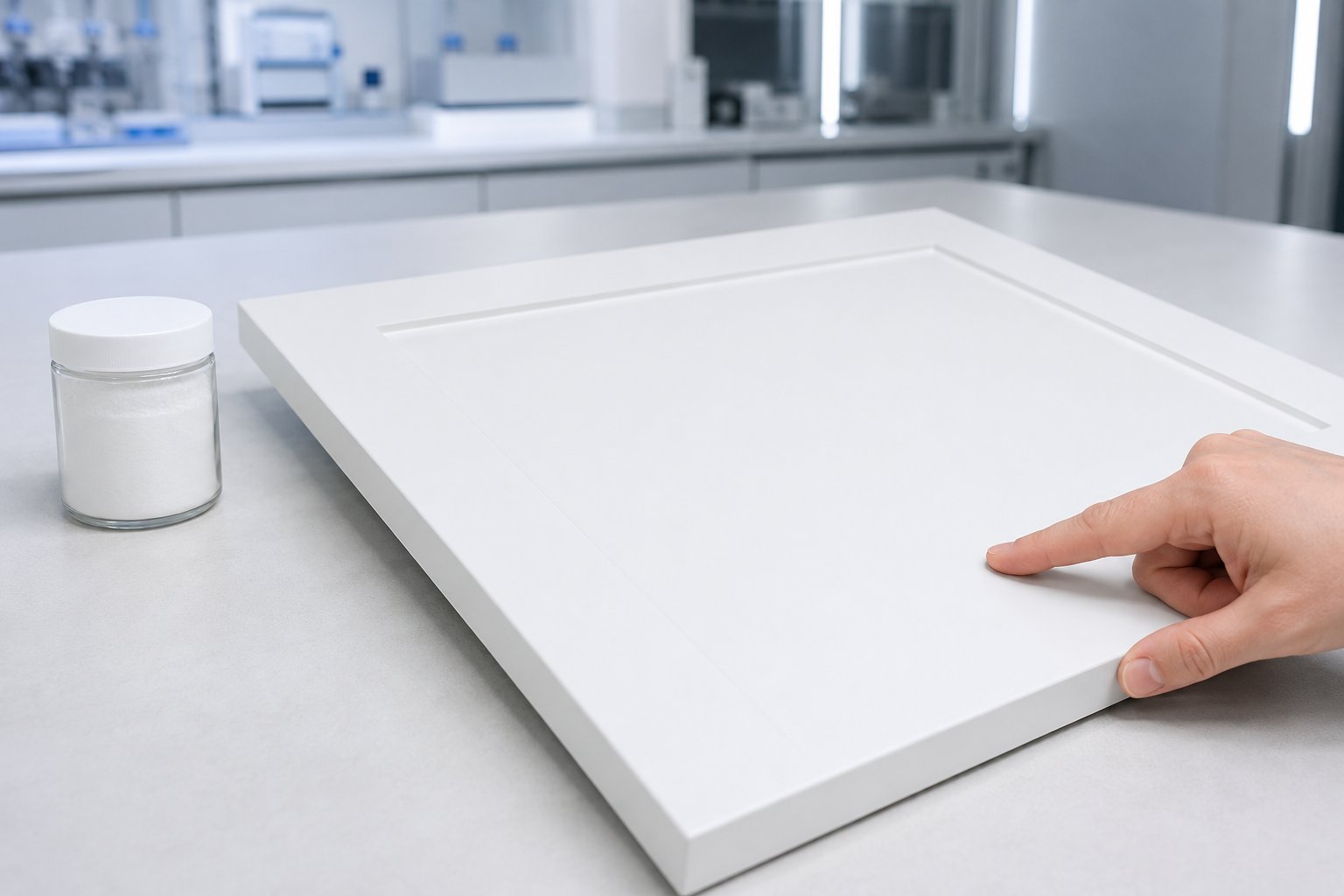 White UV-cured cabinet panels with uniform matte finish