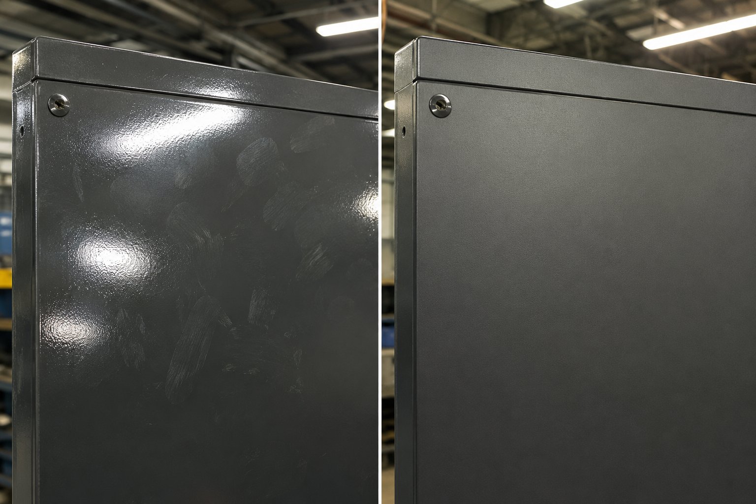 Industrial metal cabinet — glossy with fingerprints vs uniform matte coating