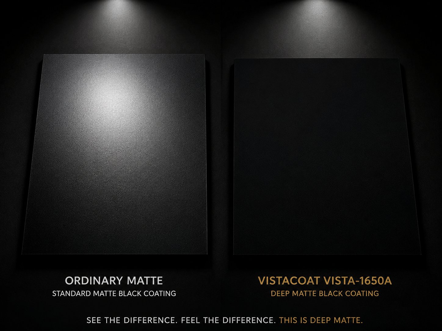 Deep matte comparison — ordinary matte vs Vistacoat Vista-1650A premium deep matte black