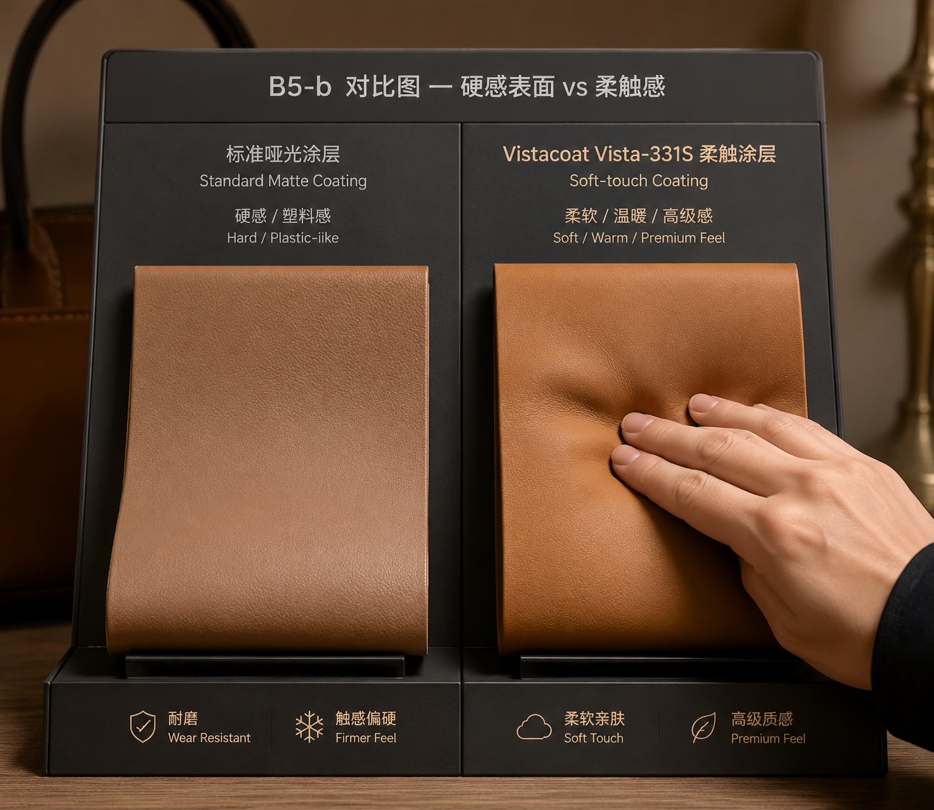 Soft-touch comparison — standard hard matte coating vs Vistacoat Vista-331S soft-touch finish