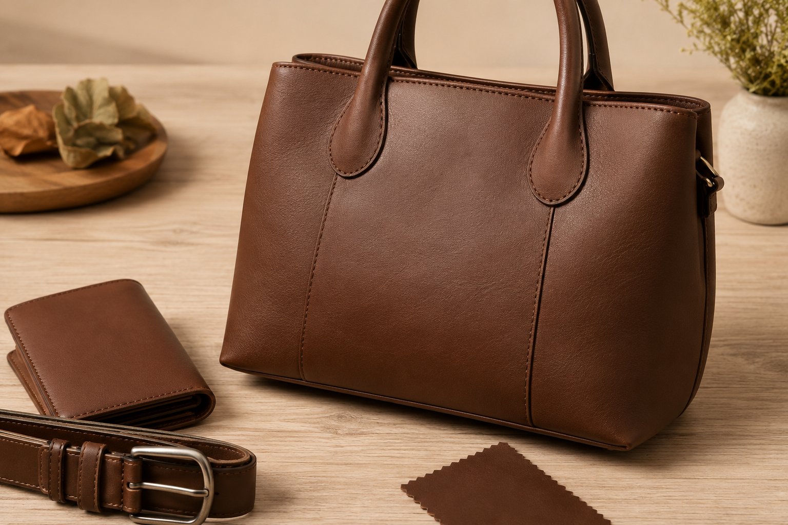 Brown leather tote bag with natural matte finish